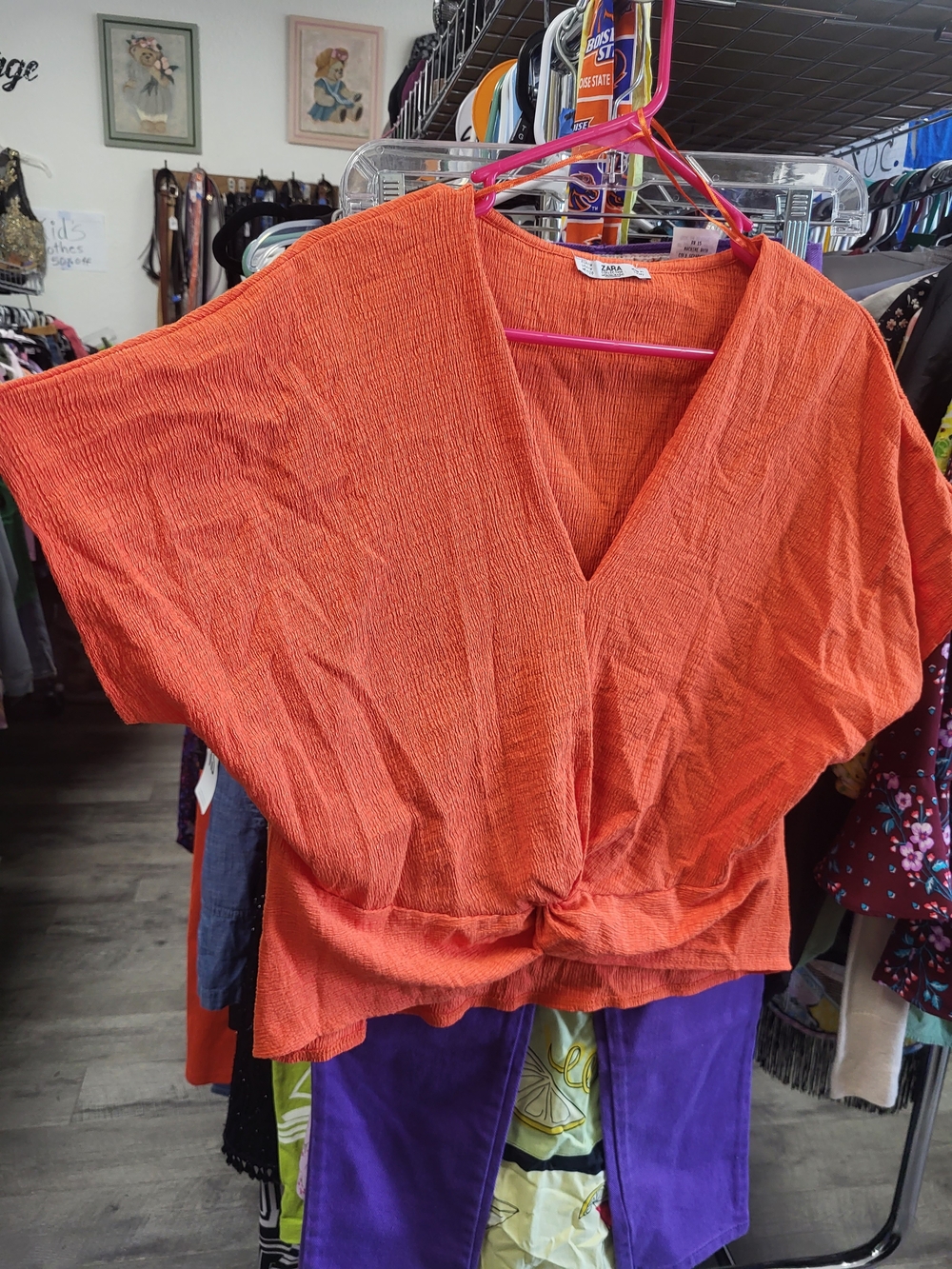Zara Orange V-Neck Knot Front Blouse